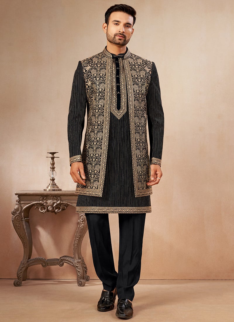 Black Silk Embroidered Sequins Open Indowestern Sherwani Wedding Wear