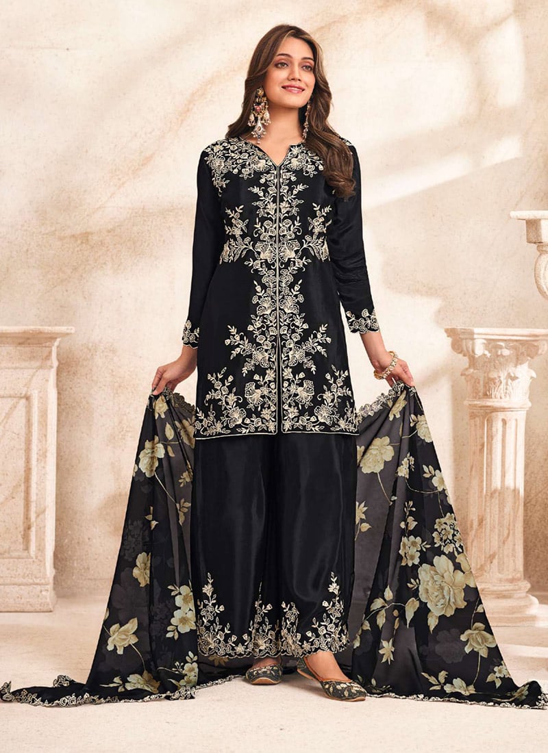 Black Silk Embroidered Sequins Stone Work Palazzo Suit With Digital Print Dupatta