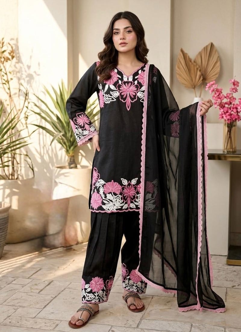 Black Silk Embroidered Sequins Straight Pant Suit Festive Wear