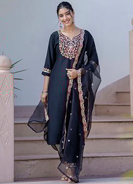 Black Silk Embroidered Sequins Straight Pant Suit