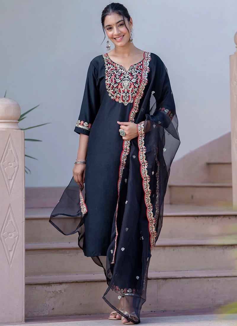 Black Silk Embroidered Sequins Straight Pant Suit After Six Wear