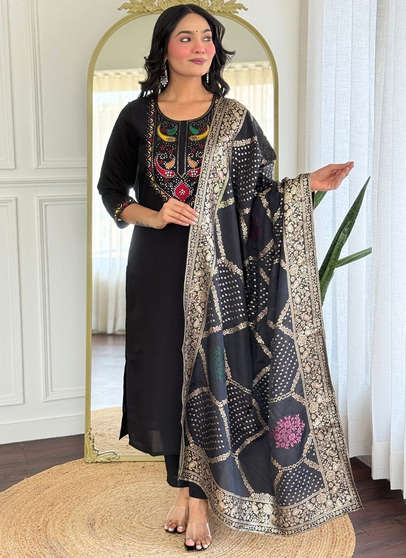 Black Silk Embroidered Sequins Straight Pant Suit With Jacquard Dupatta Festive Wear