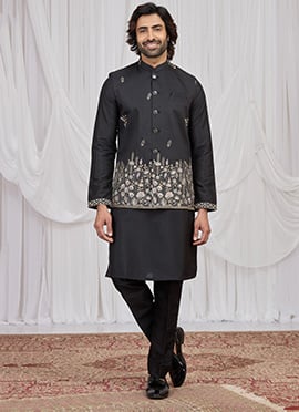 Black Silk Embroidered Sequins Thread Bandi Set Festive Wear