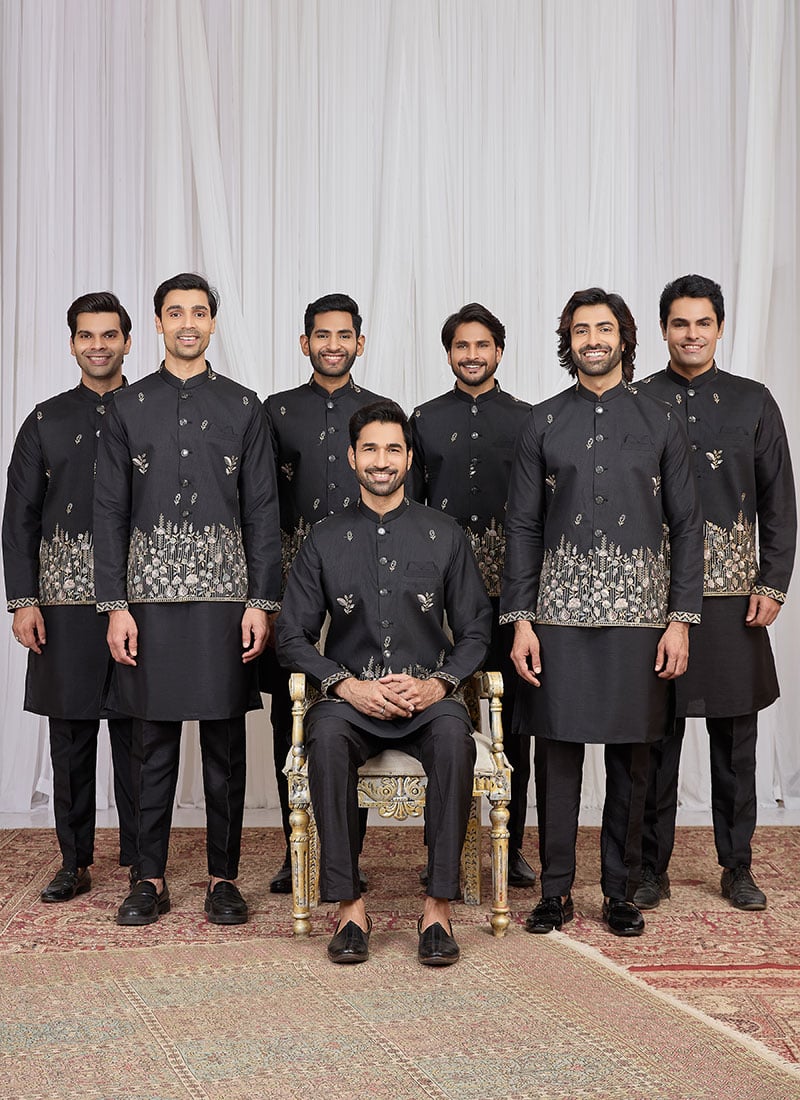 Black Silk Embroidered Sequins Thread Bandi Set Festive Wear