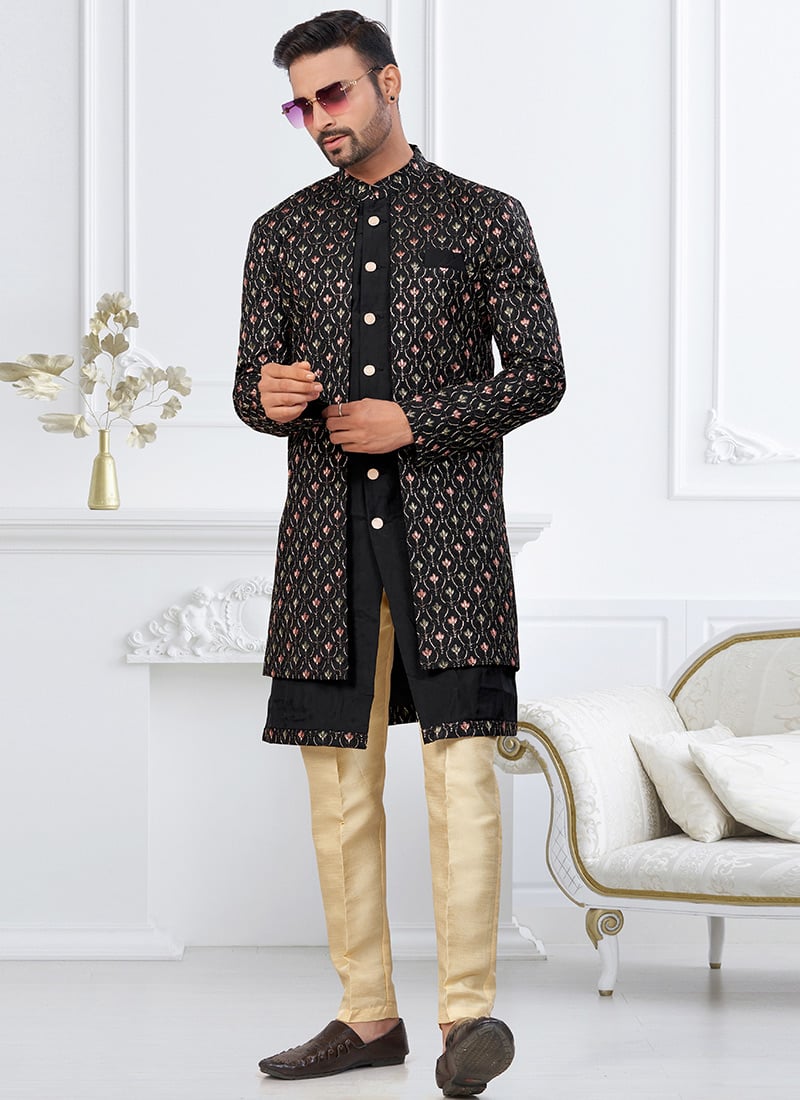 Black Silk Embroidered Sequins Thread Indowestern Sherwani Festive Wear