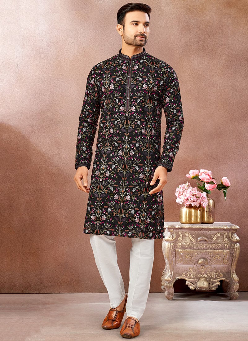 Black Silk Embroidered Sequins Thread Kurta Pyjama Festive Wear