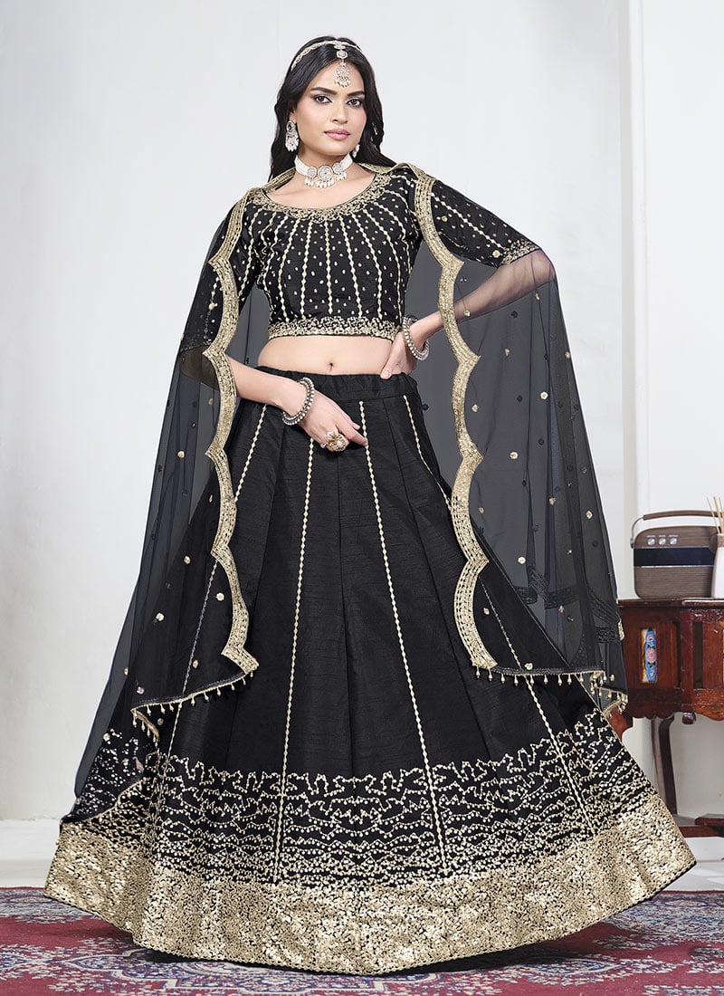 Black Silk Embroidered Sequins Umbrella Lehenga Festive Wear