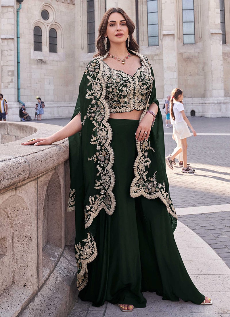 Black Silk Embroidered Sequins With Mirror Work Indowestern Jacket Palazzo Set Wedding Wear