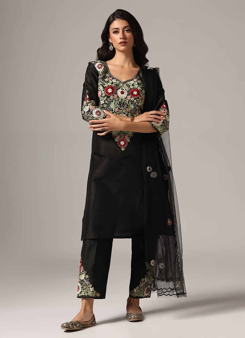 Black Silk Embroidered Straight Pant Suit Party Wear-SLKIFH9900610