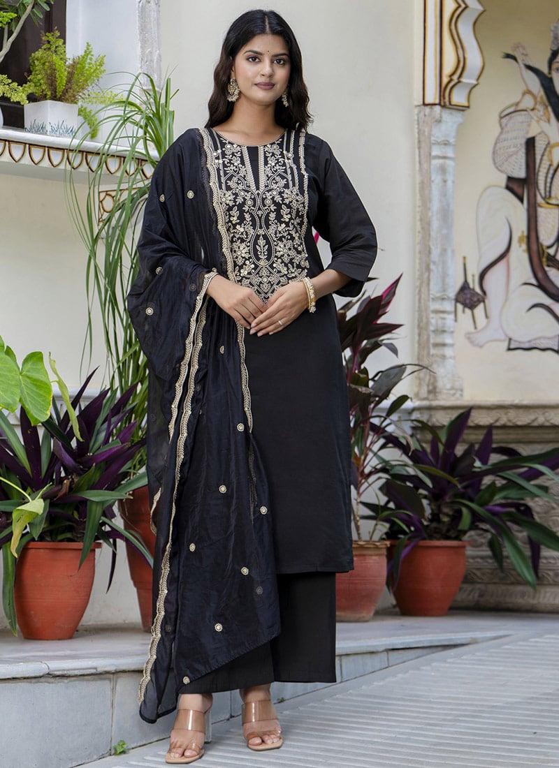 Black Silk Embroidered Straight Pant Suit Festive Wear