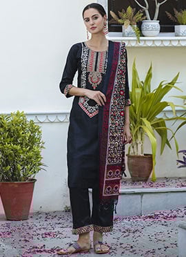 Black Silk Embroidered Straight Pant Suit With Printed Dupatta