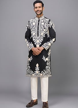 Black Silk Embroidered Stylish Kurta Pyjama