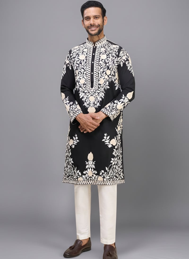 Black Silk Embroidered Stylish Kurta Pyjama Festive Wear