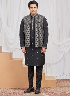 Black Silk Embroidered Thread Bandi Set Festive Wear