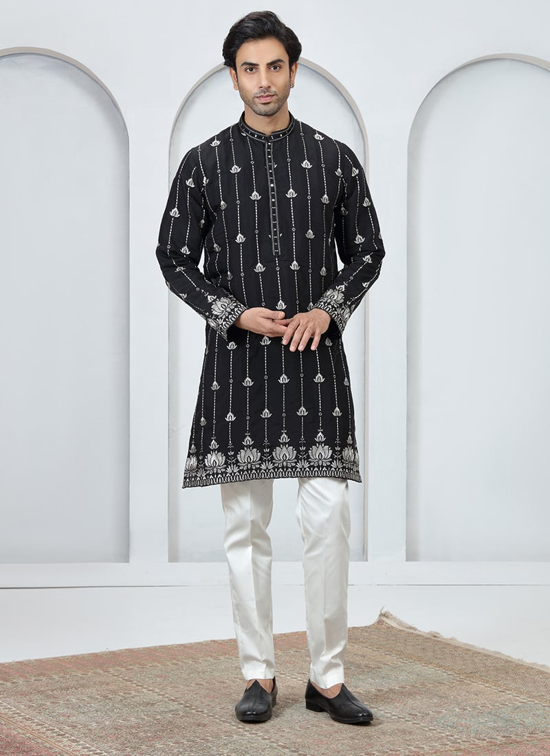 Black Silk Embroidered Thread Work Kurta Pyjama Festive Wear