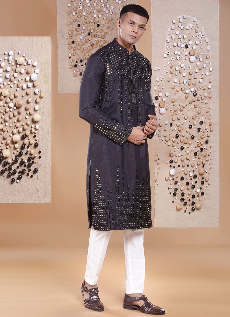 Black Silk Embroidered With Mirror Work Kurta Pyjama Festive Wear