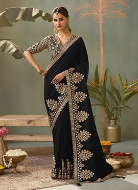 Black Silk Embroidered Zari Gota Saree