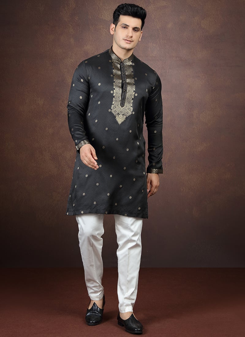Black Silk Embroidered Zari Kurta Pyjama Festive Wear