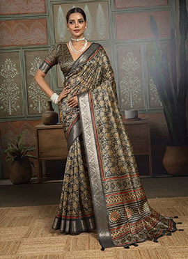 Black Silk Floral Printed Saree