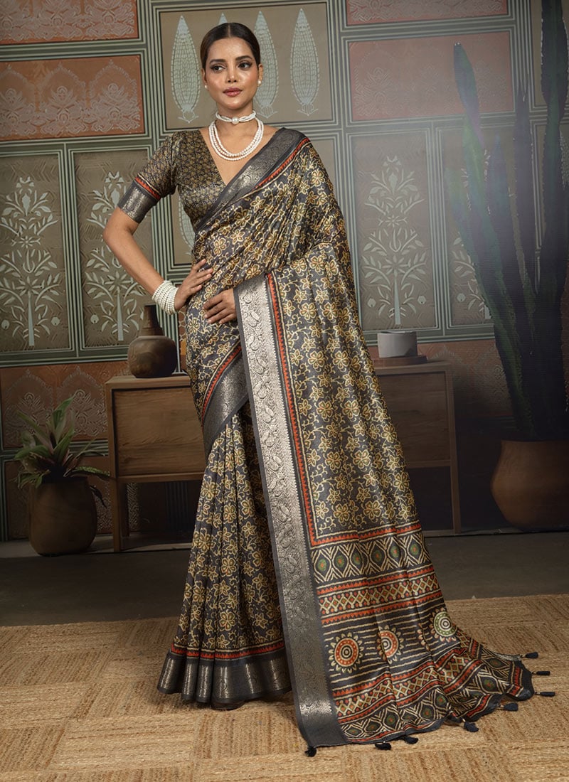 Black Silk Floral Printed Saree Festive Wear