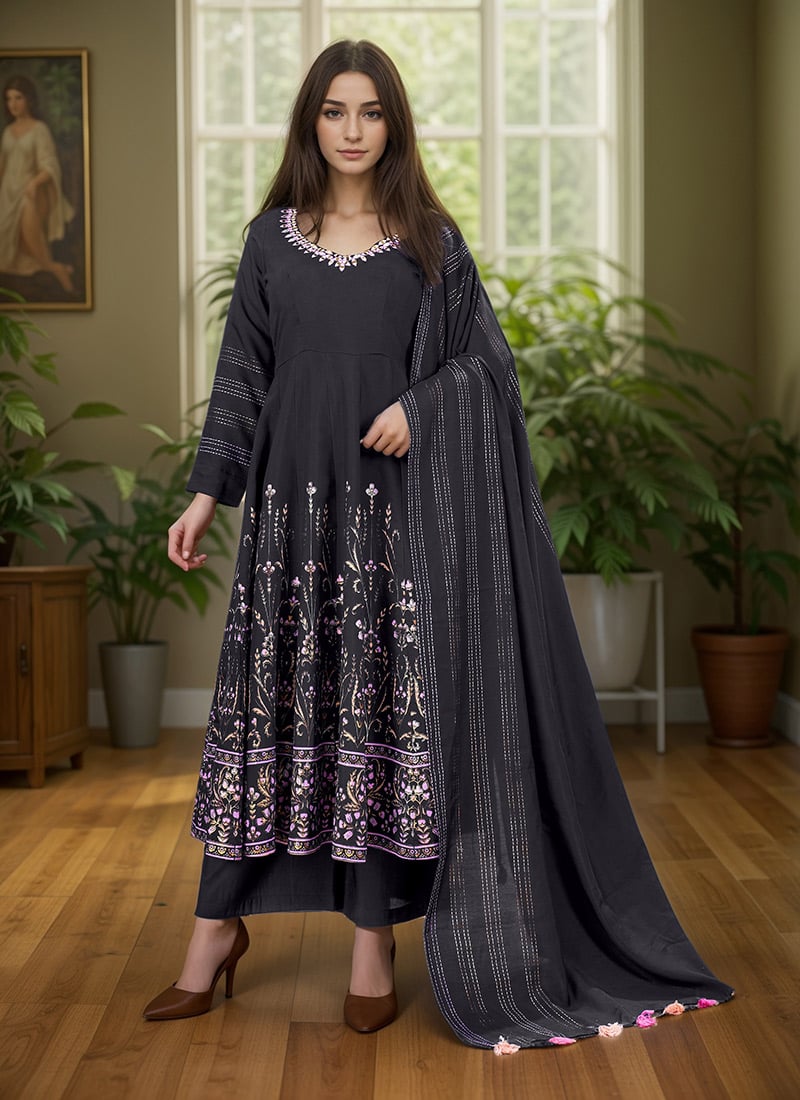 Black Silk Foil Print With Mirror Work Anarkali Suit Festive Wear