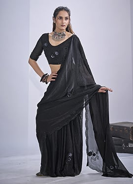 Black Silk Hand Embroidered Cutdana Sequins Saree