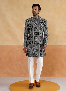 Black Silk Hand Embroidered Indowestern Sherwani With Beads Work