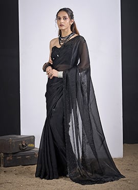 Black Silk Hand Embroidered Saree