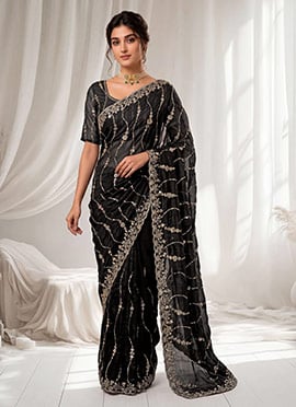 Black Silk Hand Embroidered Sequins With Stone Cutdana Work Saree