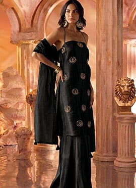 Black Silk Hand Embroidered With Stone Work Palazzo Suit