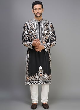Black Silk Heavy Embroidered Elegant Kurta Pyjama