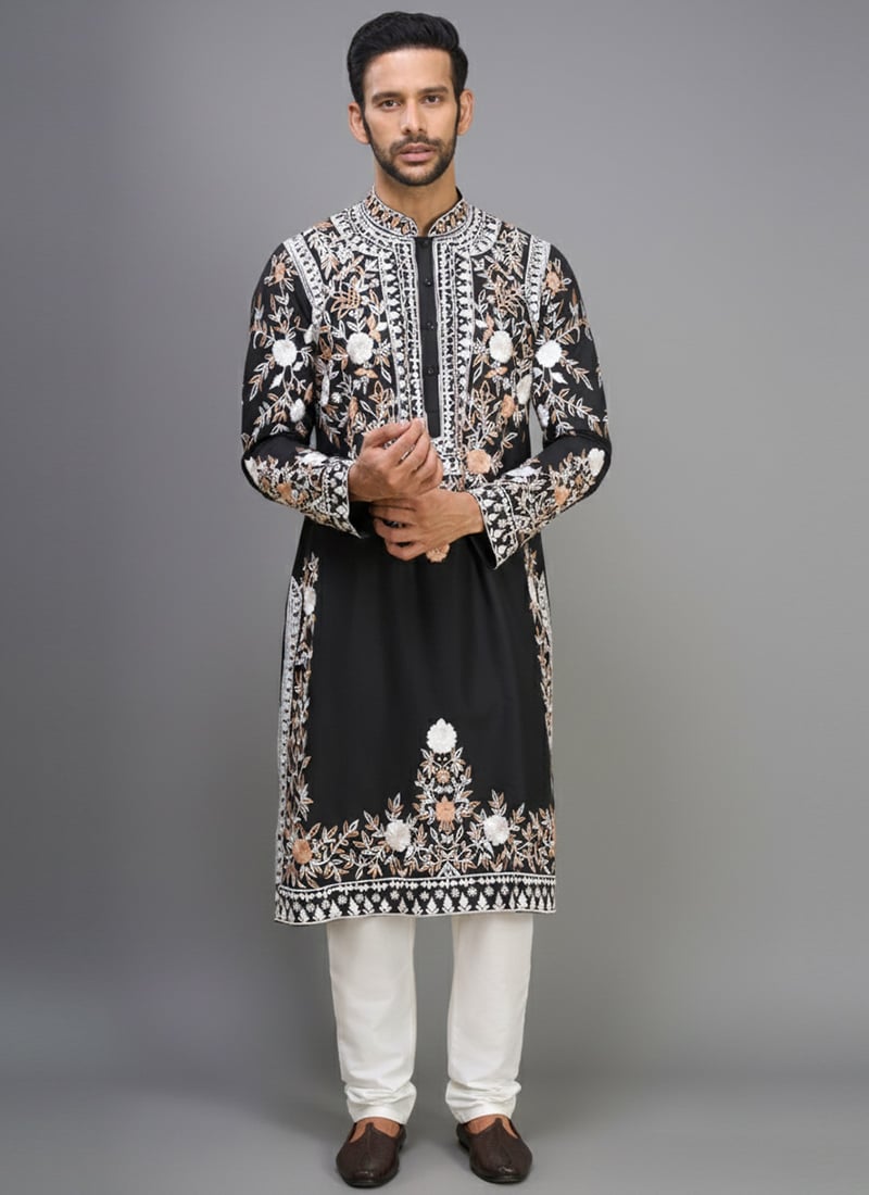 Black Silk Heavy Embroidered Elegant Kurta Pyjama Festive Wear