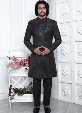Black Silk Indowestern Sherwani Embroidered Sequins