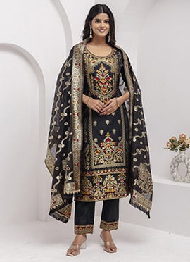 Black Silk Jacquard Hand Embroidered Woven Straight Pant Suit