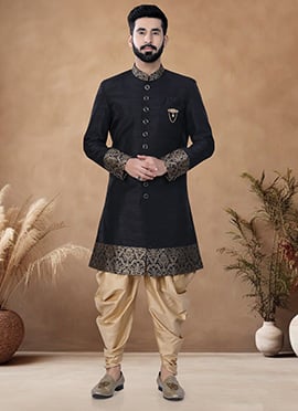 Black Silk Jacquard Indowestern Sherwani