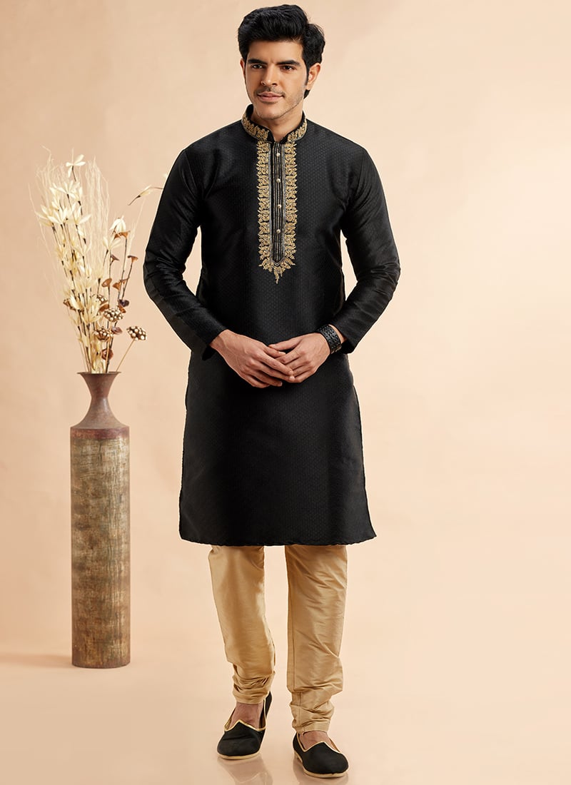 Black Silk Jacquard Kurta Pyjama Festive Wear