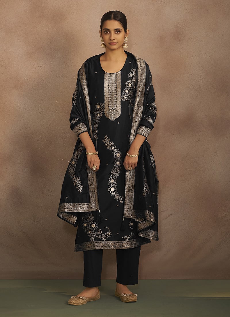 Black Silk Jacquard Straight Pant Suit After Six Wear