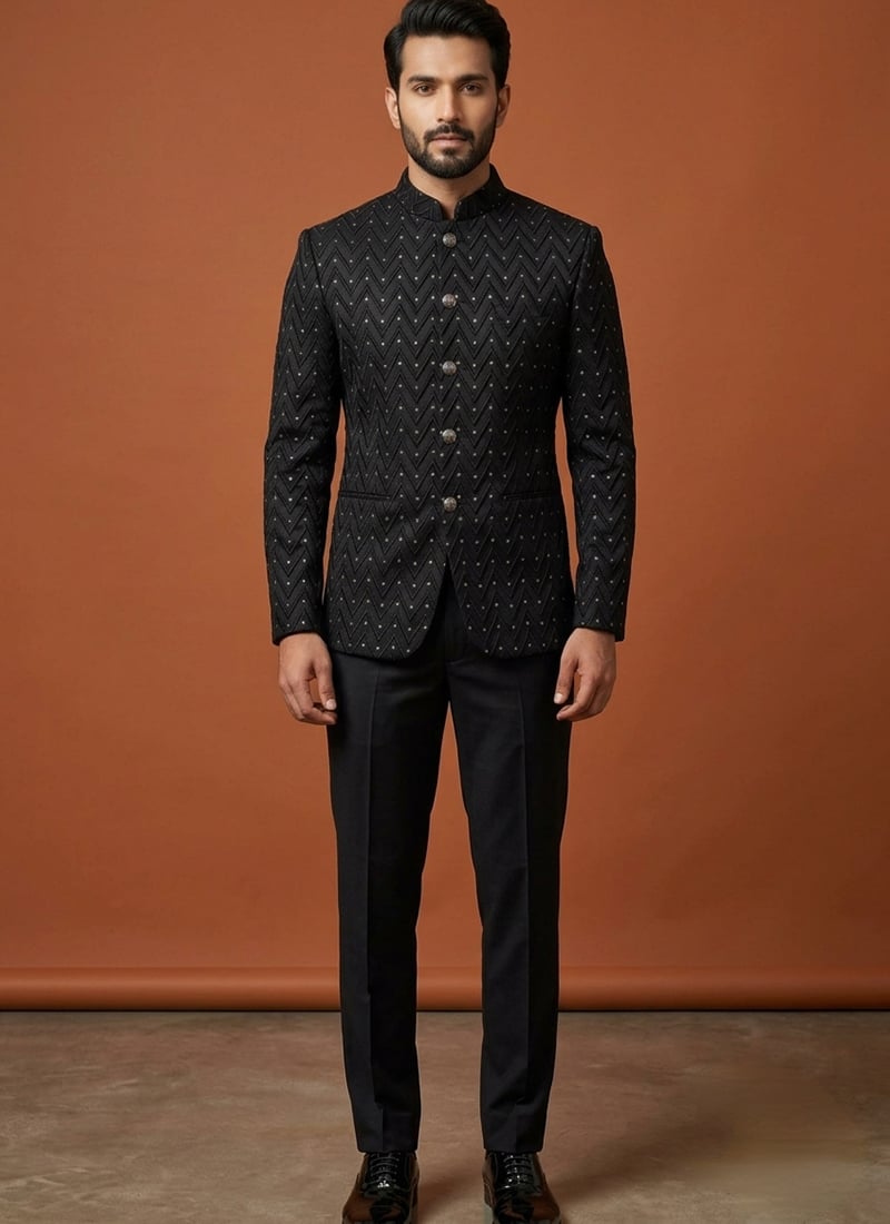 Black Silk Jacquard Thread Bandhgala Suit For Men Wedding Wear