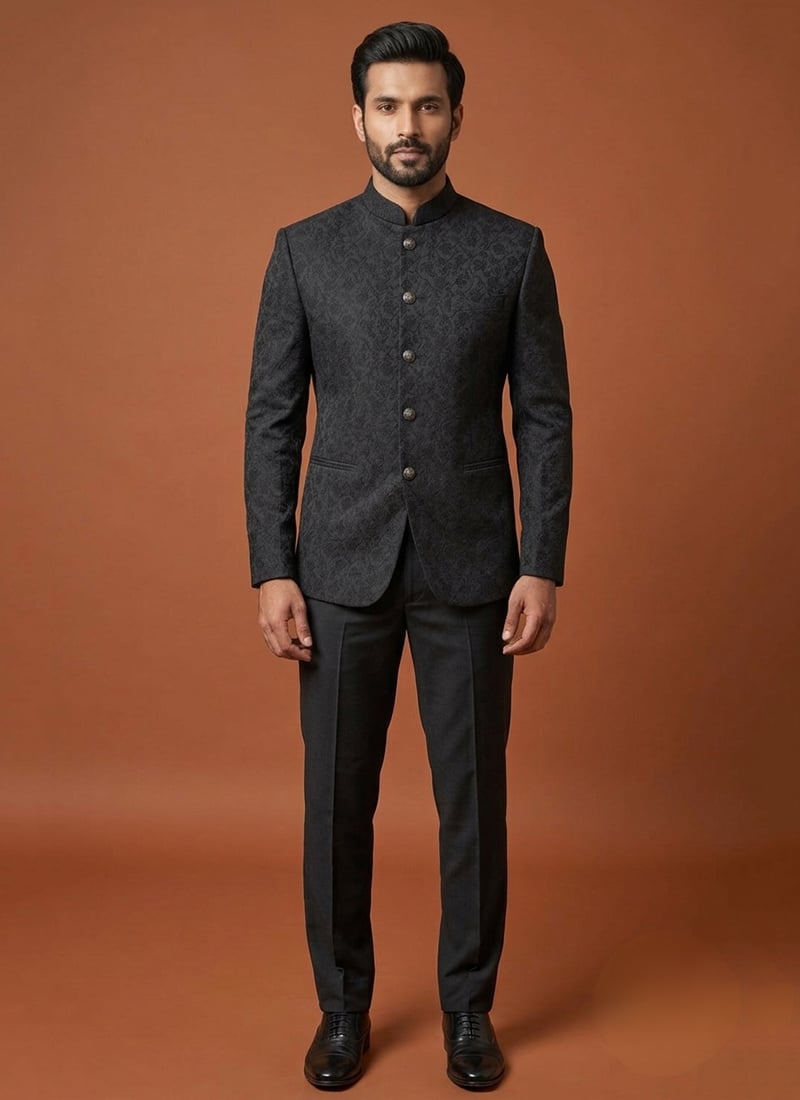 Black Silk Jacquard Thread Bandhgala Suit For Men Wedding Wear