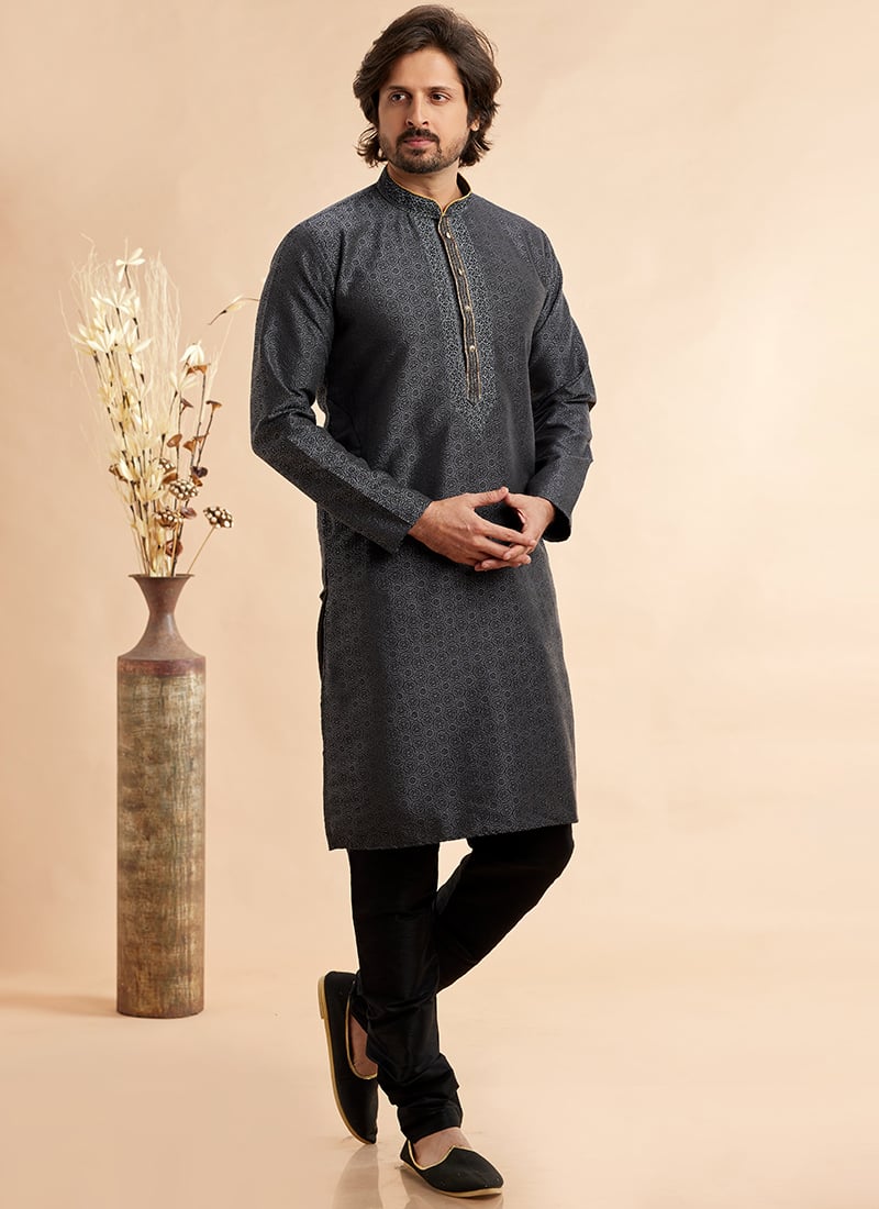 Black Silk Jacquard Thread Kurta Pyjama Festive Wear