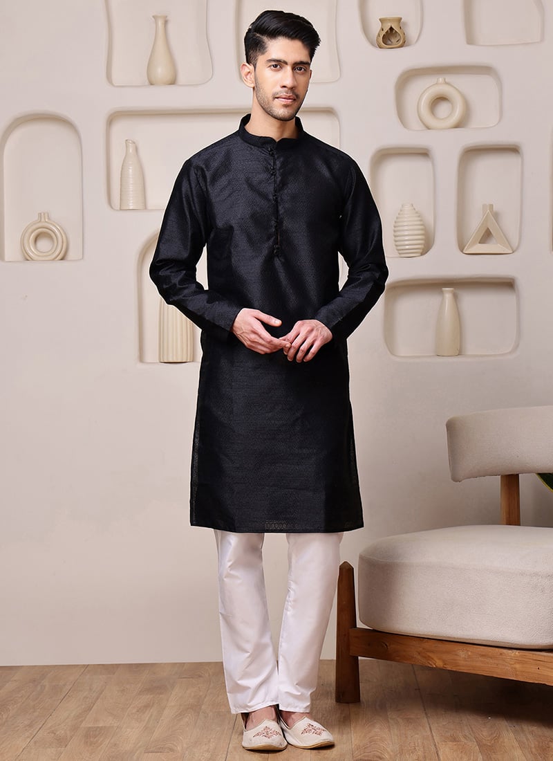 Black Silk Jacquard Woven Kurta Pyjama Festive Wear