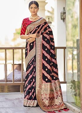 Black Silk Jacquard Woven Latest Saree Look