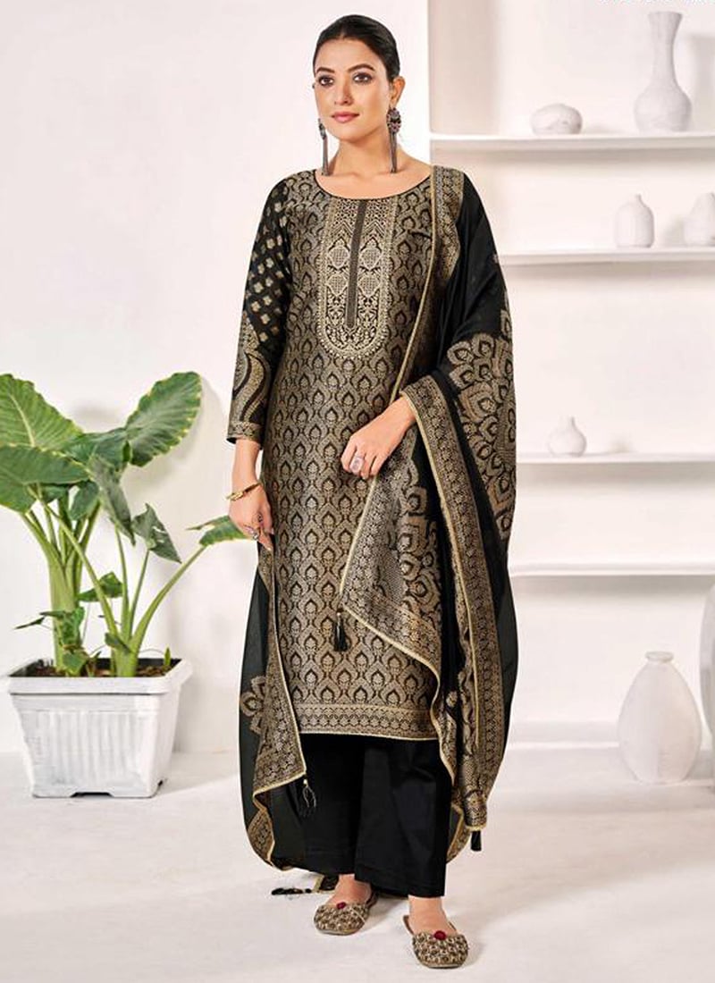 Black Silk Jacquard Woven Straight Pant Suit
