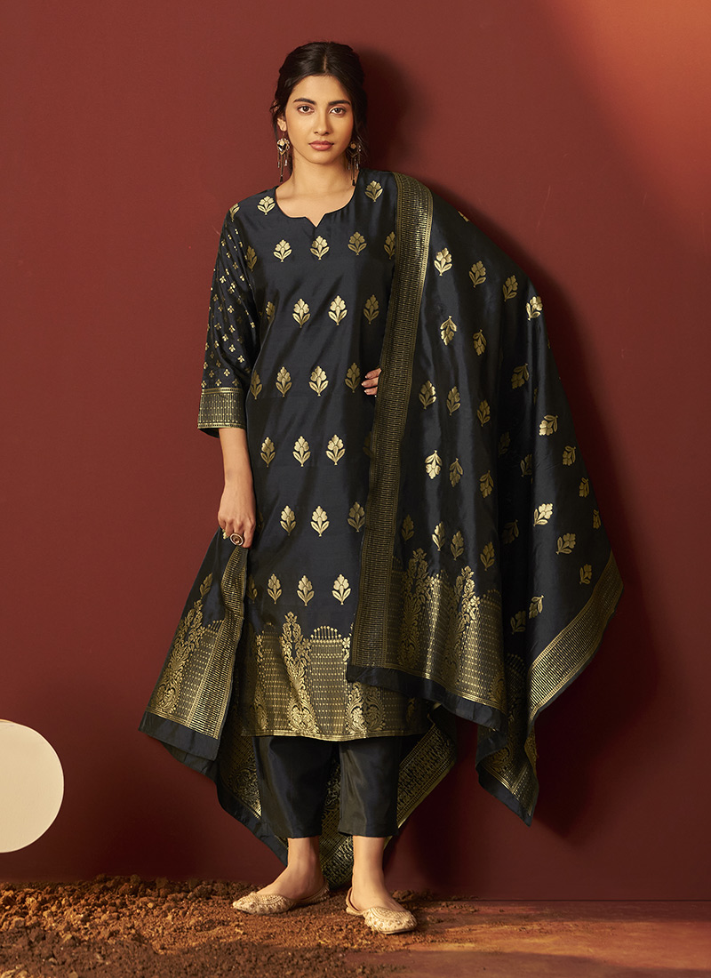 Black Silk Jacquard Zari Work Straight Pant Suit After Six Wear