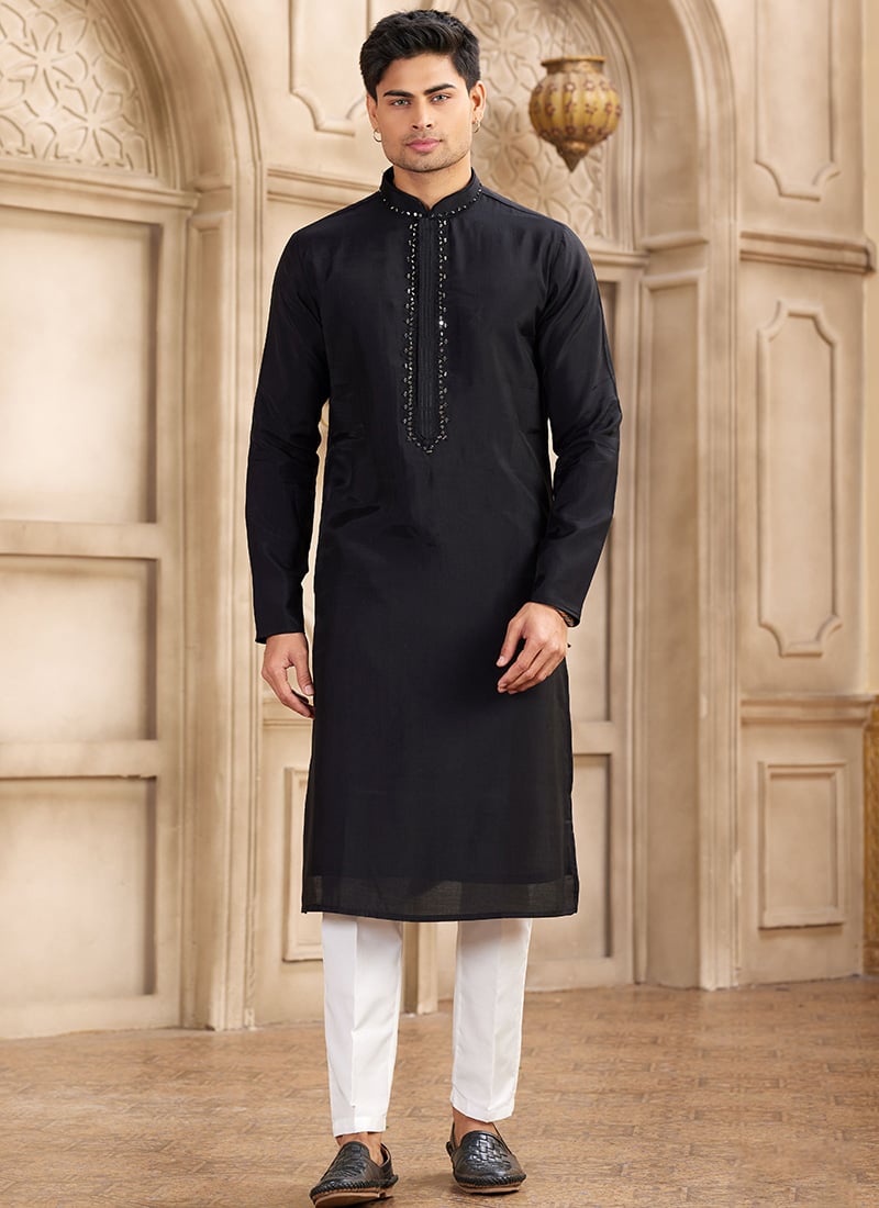 Black Silk Kurta Pyjama For Men Festive Wear