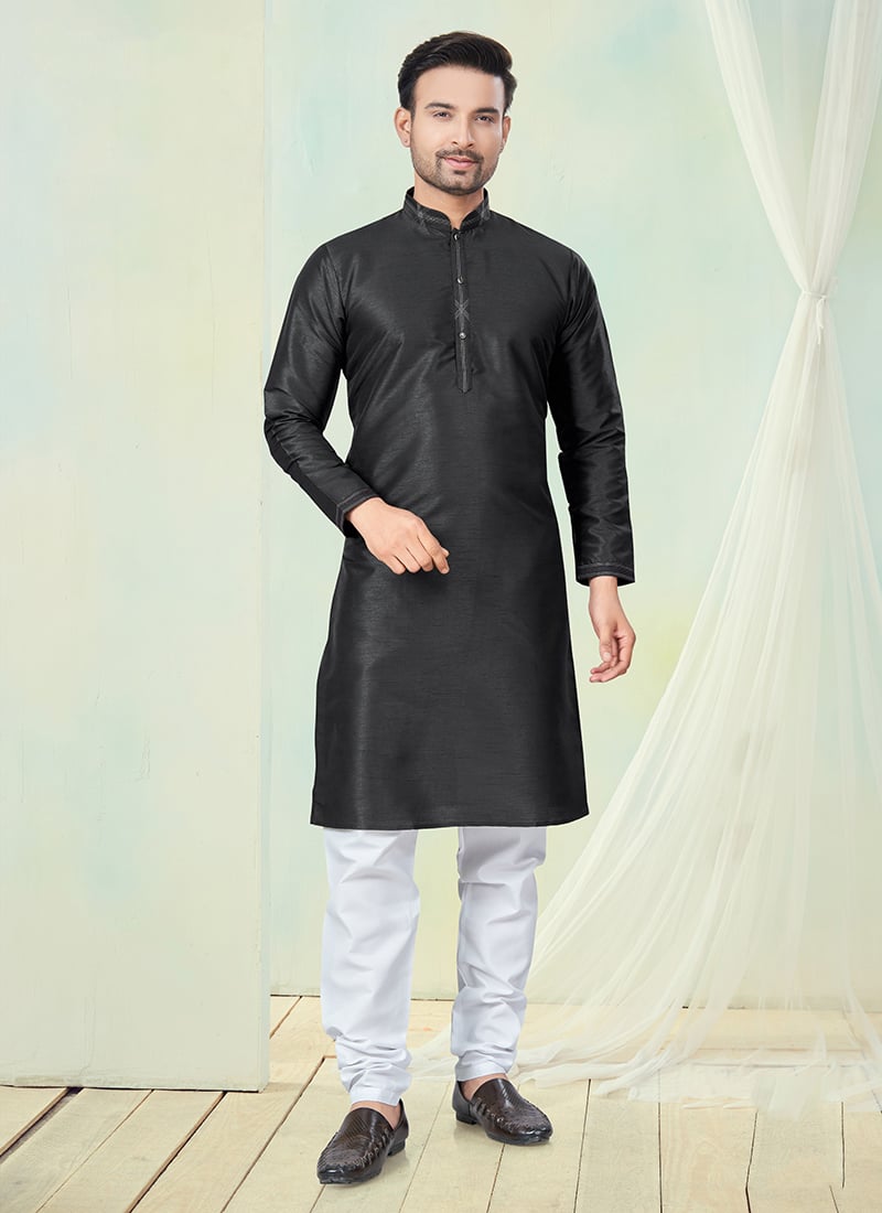 Black Silk Kurta Pyjama For Men