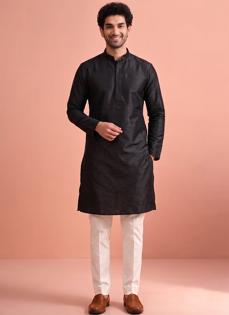 Black Silk Kurta Pyjama Festive Wear