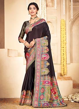 Black Silk Position Print Work Saree