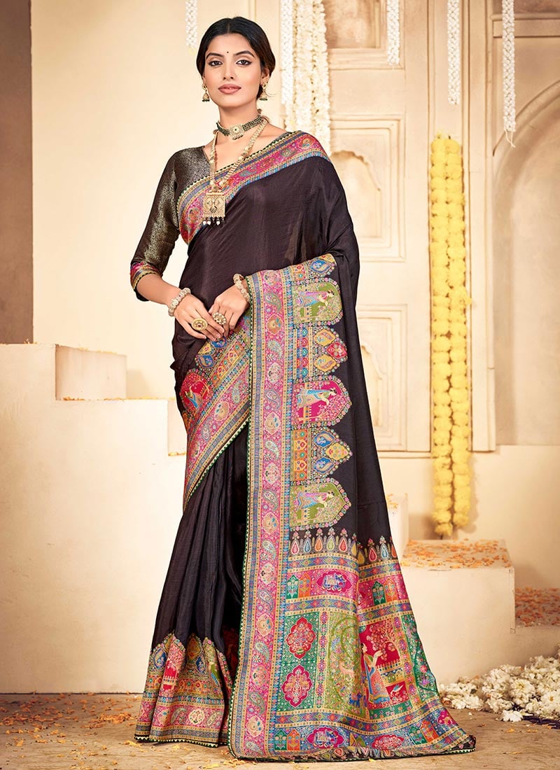 Black Silk Position Print Work Saree Festive Wear