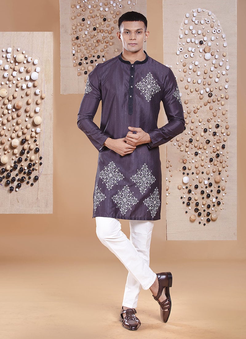 Purple Silk Printed Embroidered Kurta Pyjama